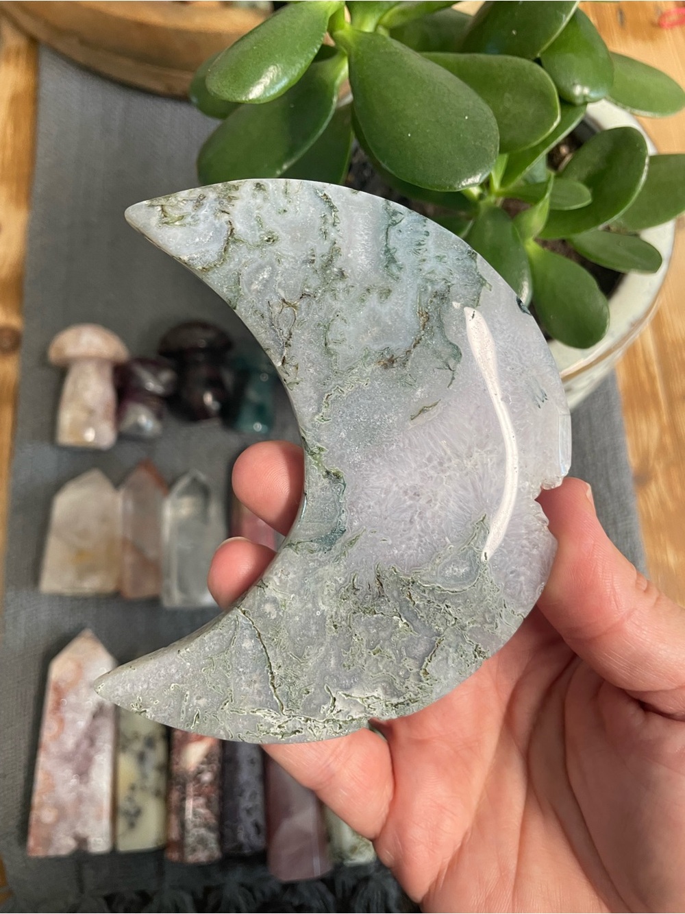 Moss Agate Crescent Moon Crystal  - Green Gray Decorative Crystal